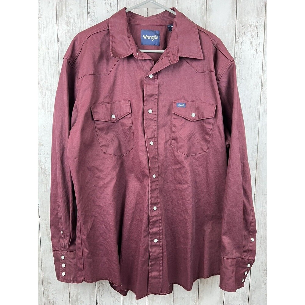 WRANGLER SHIRTS Cowboy Cut Maroon Long Sleeve Twill Men's Pearl Snap Size 2XL